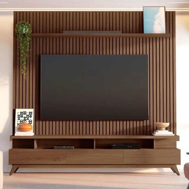 Rack com Painel Ripado para TV até 85 Polegadas 100% MDF 230,5CMX250CM Yucca Espresso Móveis Cedro