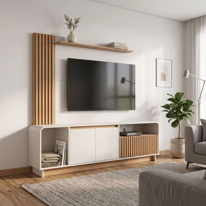 Rack Com Painel Ripado Para Tv Até 65 Polegadas 195cmx182,5cm Arizona Arkansas Freijó/off White