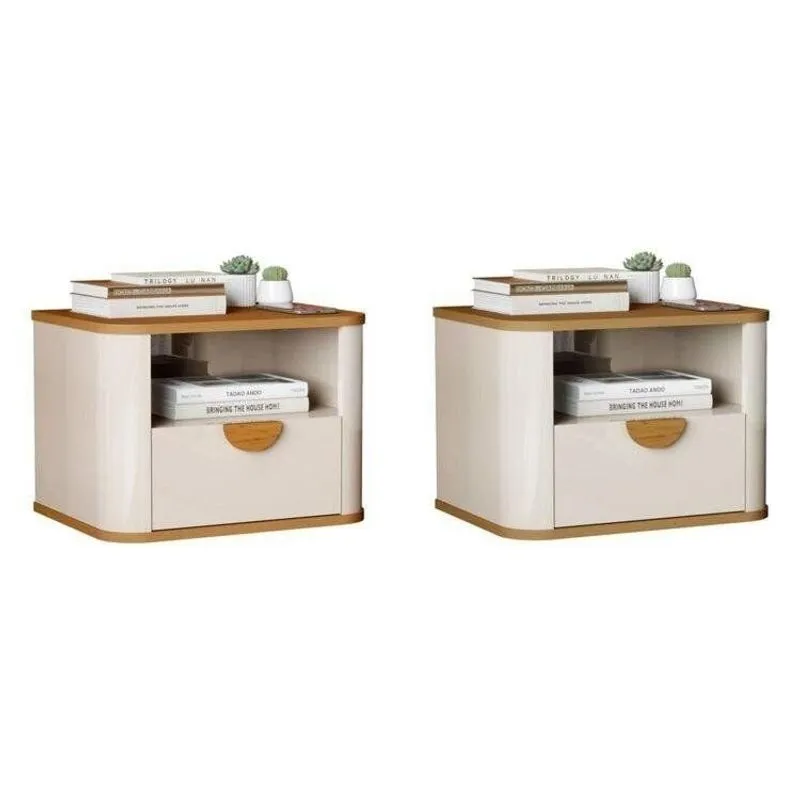 Conjunto Com 2 Mesas De Cabeceira Suspensa Curva Buriti Com Puxador De Madeira Bege Off White/nature