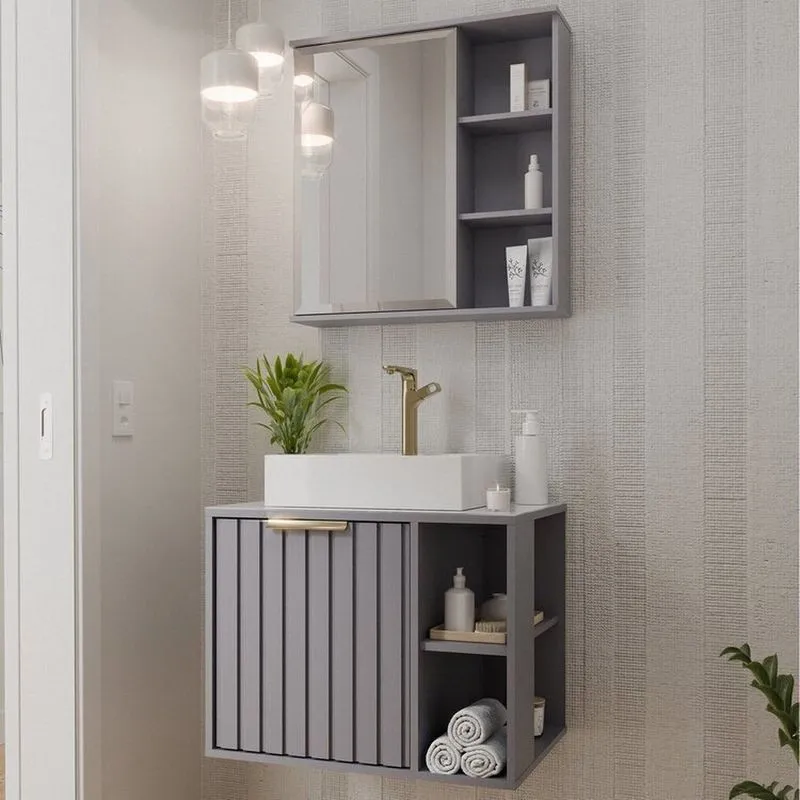 Gabinete Suspenso Banheiro Noruega 60cm Com Cuba E Espelheira Treviso Cinza/platina Platina