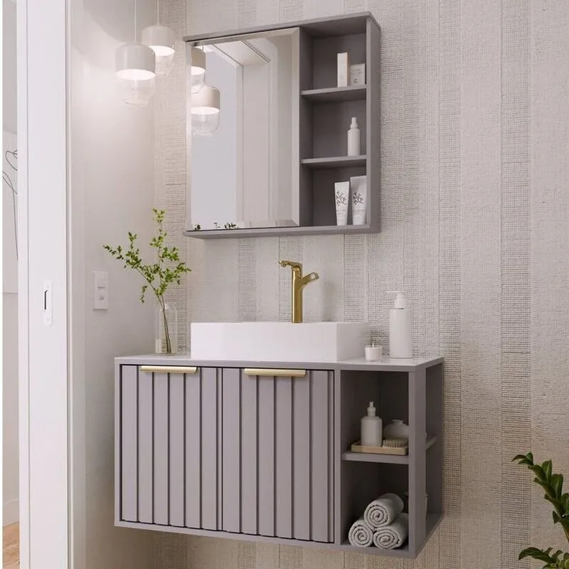 Gabinete Suspenso Banheiro Noruega 80cm Com Cuba E Espelheira Treviso Cinza/platina Platina