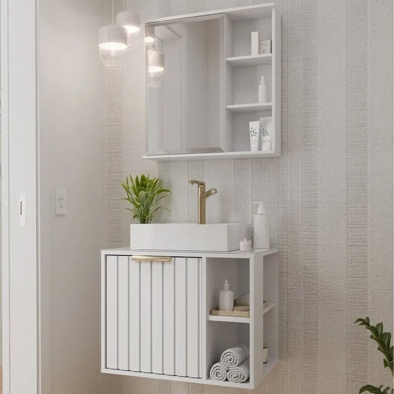 Gabinete Suspenso Banheiro Noruega 60cm Com Cuba E Espelheira Treviso Branco Branco