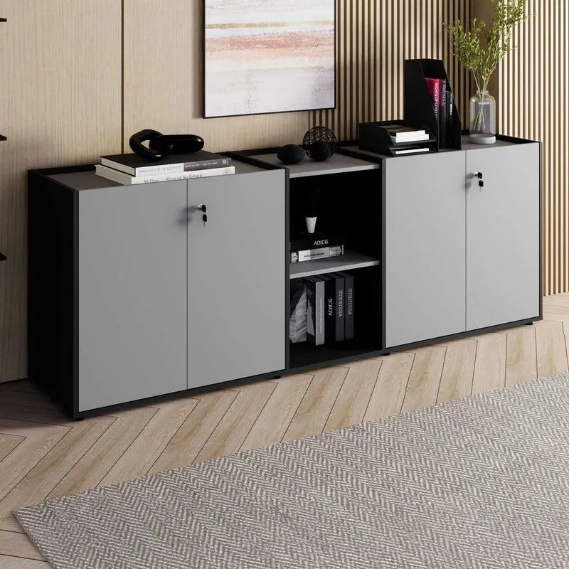 Armário Para Escritório 2m Com 4 Portas Tampo Embutido E Nicho Corporate Cinza/sagrado/preto Cinza Sagrado / Preto