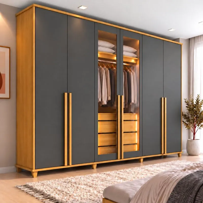 Guarda-roupa Casal Reflecta 6 Portas 4 Gavetas Com Led Cinza Cinamomo Grafite Bélgica Cinamomo/grafite