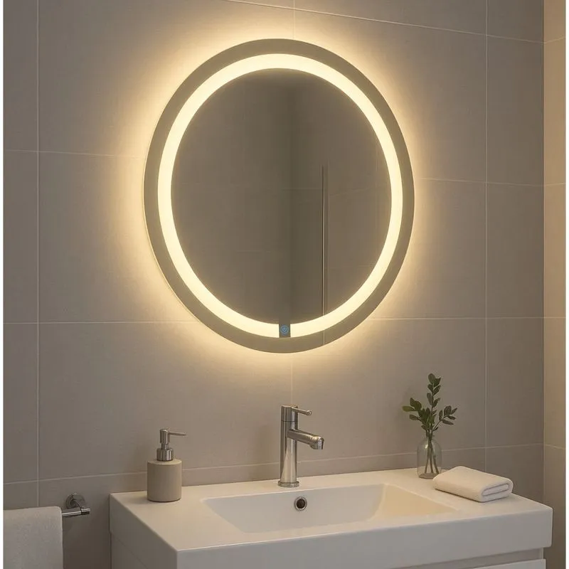 Espelho Redondo 50cm Iluminação Direta Com 2 Leds Touch Reduna Espelho Lapidado