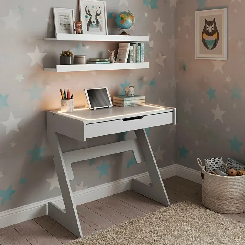 Conjunto Escrivaninha com Luz Neon - Quente com Aba 1 Gaveta 2 Prateleiras 73cm Branco Branco