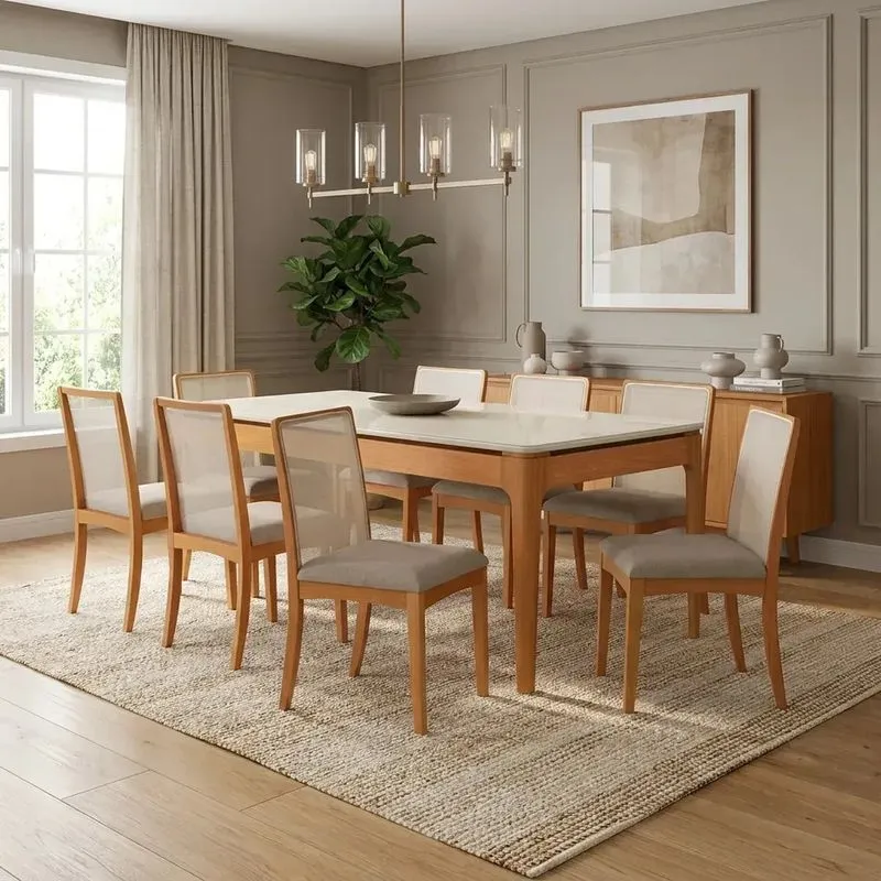 Conjunto Mesa De Jantar Mira Com 8 Cadeiras Em Madeira Maciça E Tampo Com Vidro Nature/off White/fendi Nature/off White/fendi