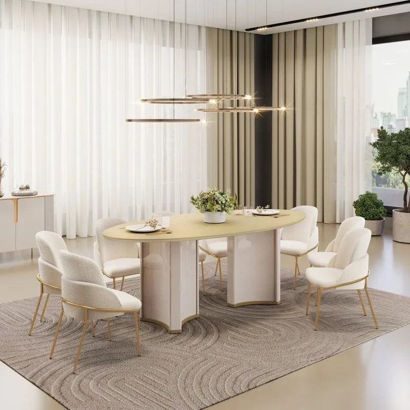 Conjunto Sala De Jantar Liz Tampo Elipse Com Vidro Orgânico 218cm Com 8 Cadeiras Vitta Off White/Dourado/Perola