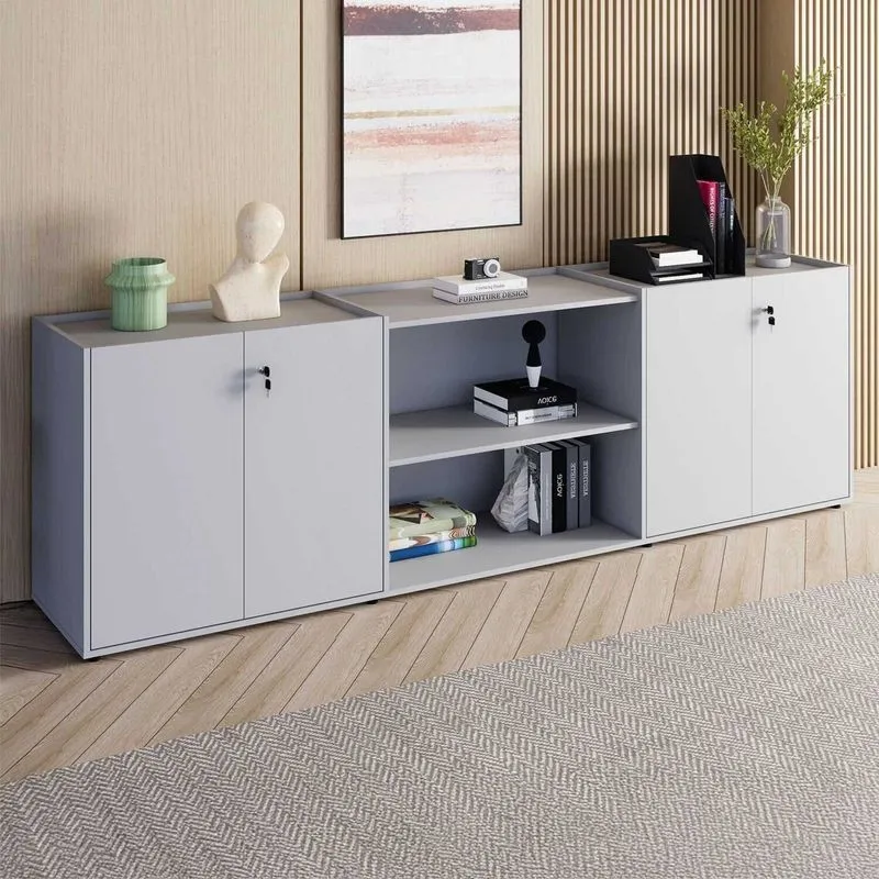 Armário Para Escritório 240cm Com 4 Portas Nicho E Tampo Embutido Corporate Cinza Cinza