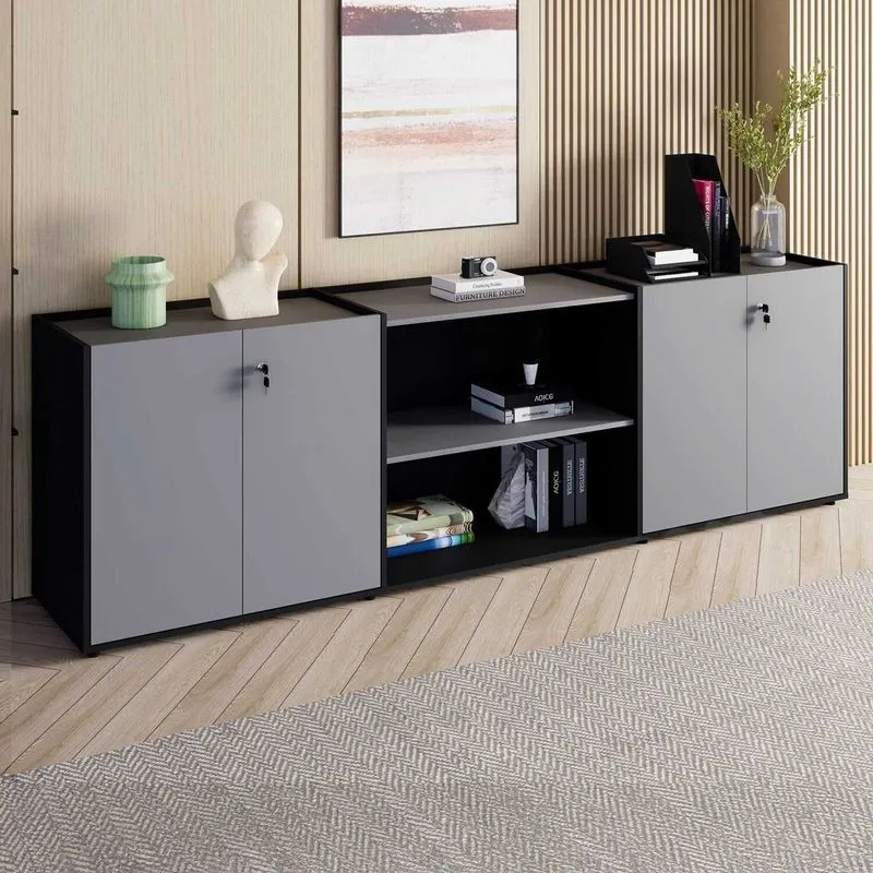 Armário Para Escritório 240cm Com 4 Portas Nicho E Tampo Embutido Corporate Cinza/sagrado/preto Cinza Sagrado / Preto