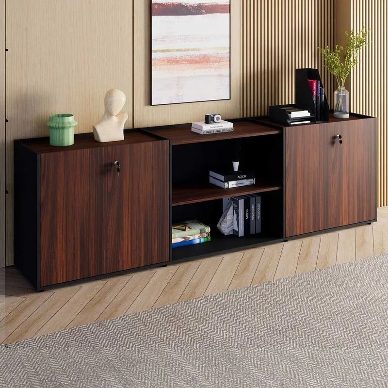 Armário Para Escritório 240cm Com 4 Portas Nicho E Tampo Embutido Corporate Marrom/nogal/preto Louro Preto/preto