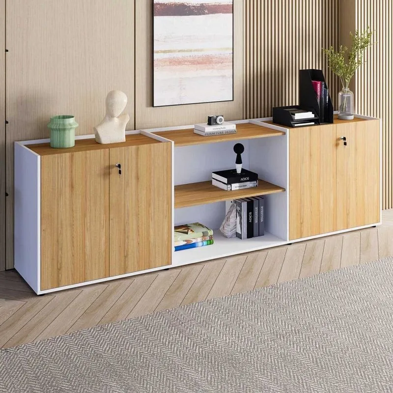 Armário Para Escritório 240cm Com 4 Portas Nicho E Tampo Embutido Corporate Marrom/macadâmia/branco Macadâmia/branco