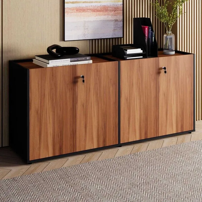 Armário Baixo 158,5cm Duplo Com 4 Portas Tampo Embutido Corporate Marrom/nogal/preto Nogal / Preto