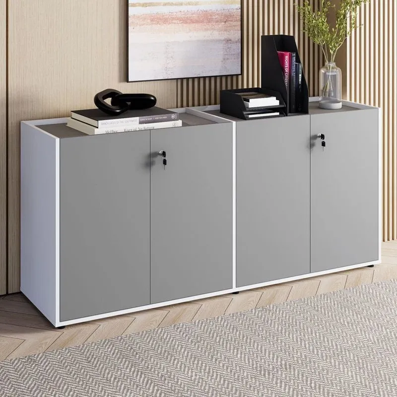 Armário Baixo 158,5cm Duplo Com 4 Portas Tampo Embutido Corporate Cinza/sagrado/branco Cinza Sagrado / Branco