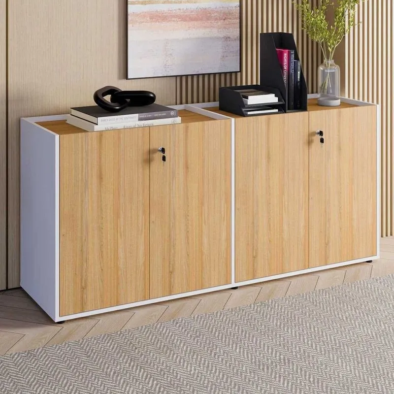 Armário Baixo 158,5cm Duplo Com 4 Portas Tampo Embutido Corporate Marrom/macadâmia/branco Macadâmia / Branco