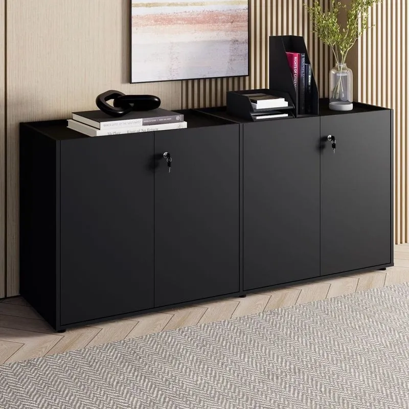 Armário Baixo 158,5cm Duplo Com 4 Portas Tampo Embutido Corporate Preto Preto