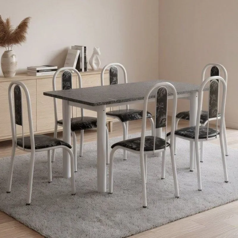Conjunto Sala De Jantar Mesa Com 6 Cadeiras Tampo De Granito E Aço Fernanda Branco/preto Floral Branco/preto Floral