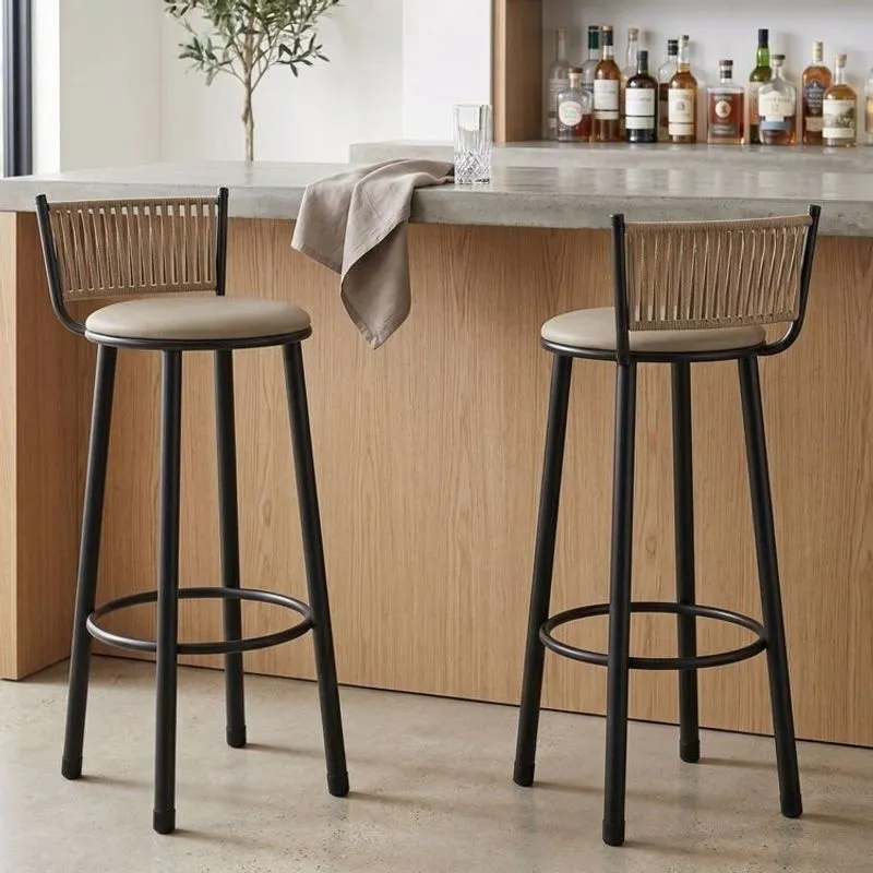 Kit 2 Banquetas Altas Estofadas Industrial Em Aço Suede Bete Bege Rami/pérola Rami/pérola