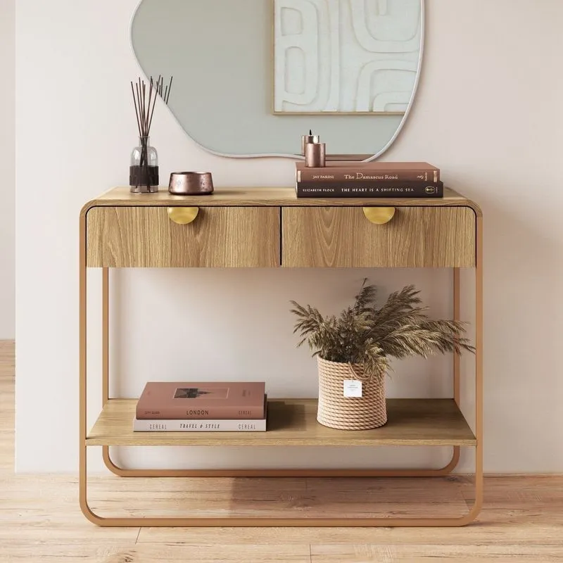 Aparador 2 Gavetas 100cm Orgânico Pé Metal Luna Bege/hanover/dourado Hanover/dourado