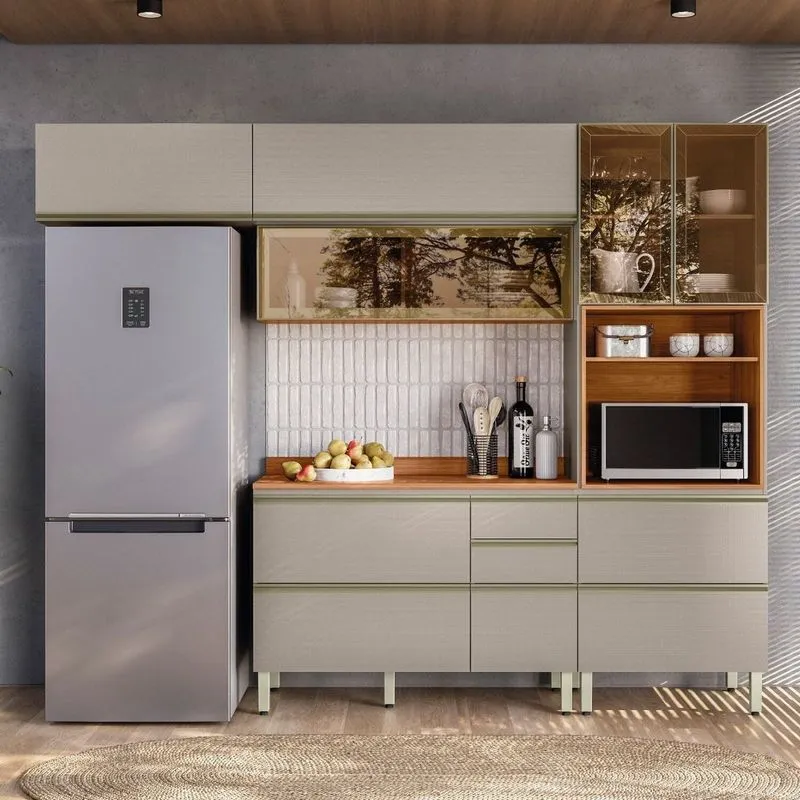 Cozinha Completa Modulada Com Aéreo4 Peças Mdf Proença Bege/nogueira/nude Prime Nogueira/nude Prime