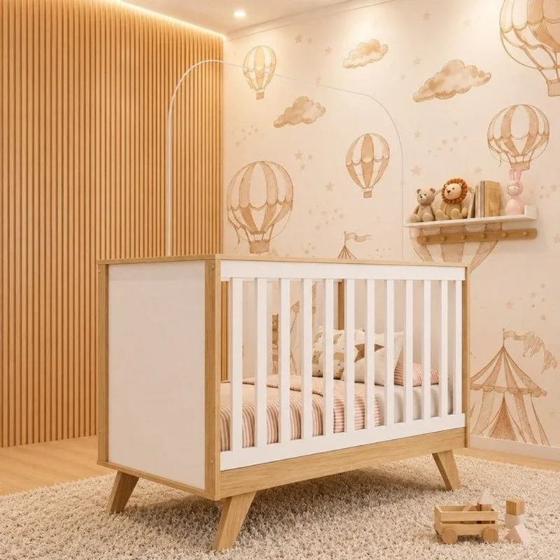 Berço Mini Cama 3 em 1 Retrô Theo Espresso Móveis Branco/Jequitibá Branco/Jequitibá
