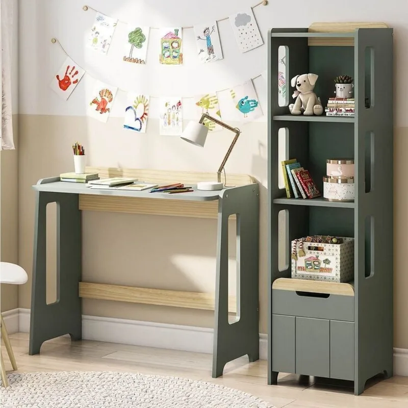 Escrivaninha e Estante 3 Nichos com Porta Petit Casatema Verde/Mel Verde/Mel