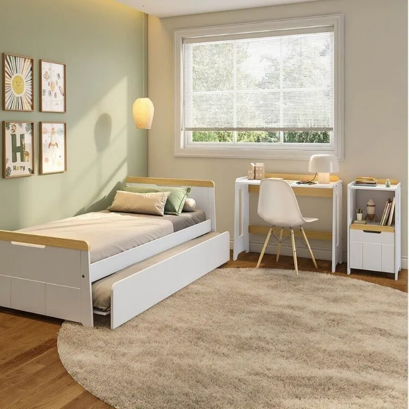 Conjunto Quarto Completo Bicama com LED, Escrivaninha e Estante Petit Casatema Branco/Mel Branco/Mel