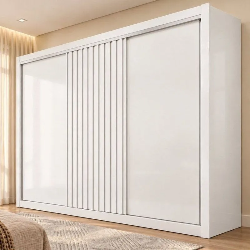 Guarda Roupa Casal 3 Portas De Correr Com 6 Gavetas E Detalhe Ripado 100% Mdf Vitória Branco Acetinado