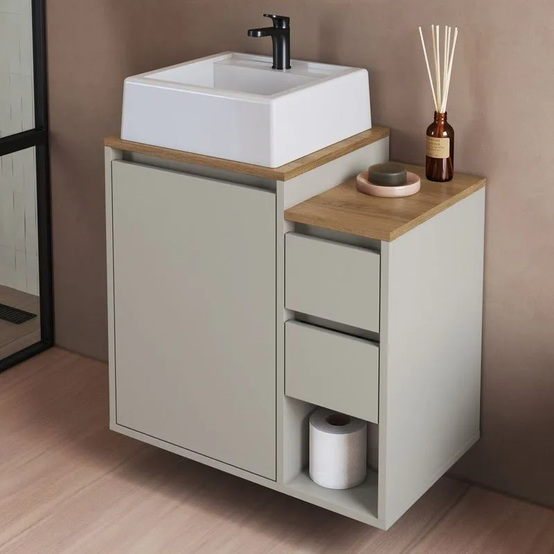 Balcão Gabinete De Banheiro Suspenso 60 Bahamas 1 Porta E 2 Gavetas Com Cuba Bege/arenas Arenas