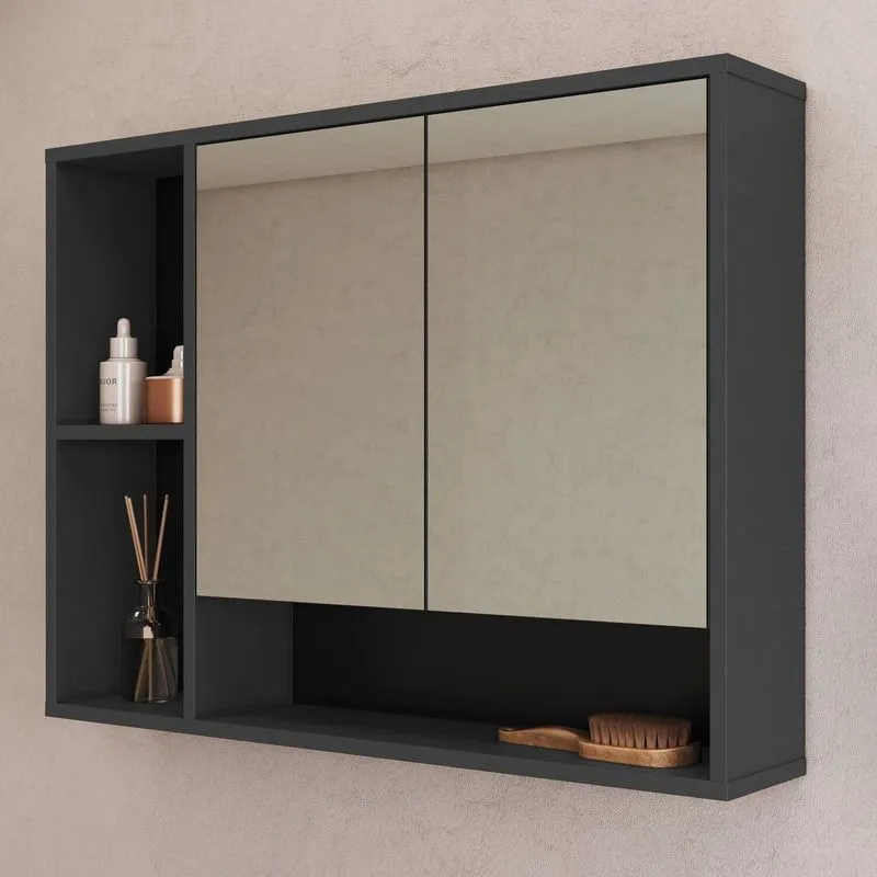Armário Espelheira De Banheiro 80cm Com 2 Portas E Nichos Bari Preto/grafite Grafite