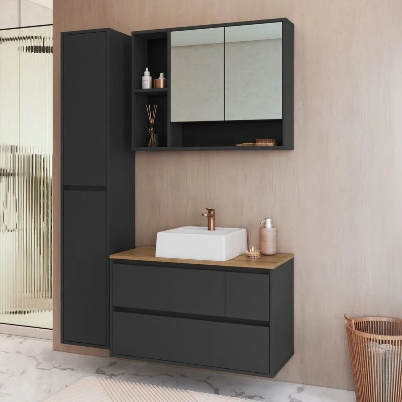 Conjunto Para Banheiro Modulado 108cm Com 3 Peças Gabinete Suspenso Com Cuba Belarus Grafite