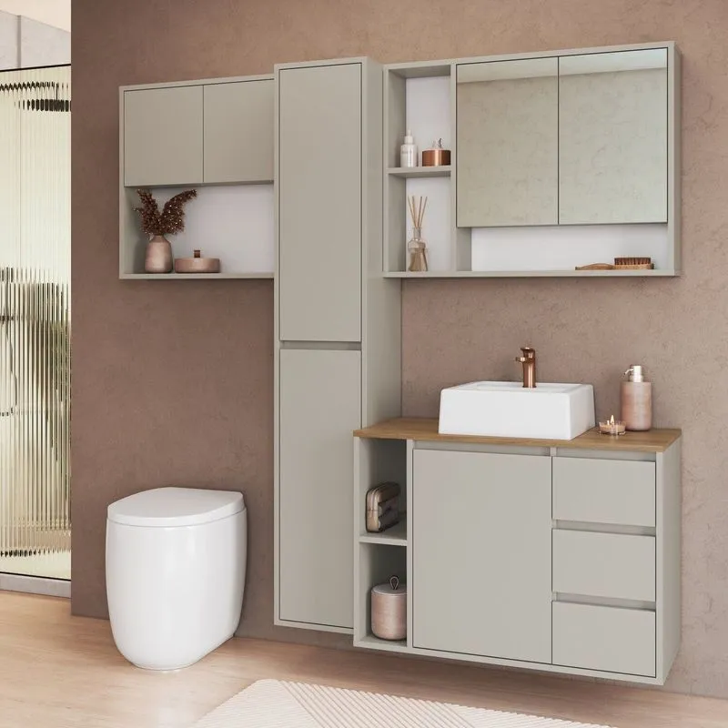 Conjunto Para Banheiro Modulado 168cm Com 4 Peças Gabinete Suspenso Com Cuba Belagavi Arenas
