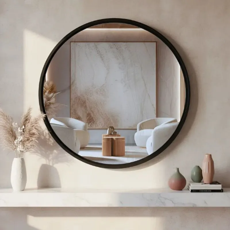 Espelheira Redondo 50cm Moldura Alumínio Basic Preto