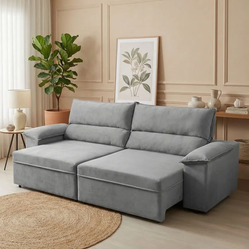 Sofá Retrátil E Reclinável 4 Lugares Molas Ensacadas 290cm Veludo Malta Cinza
