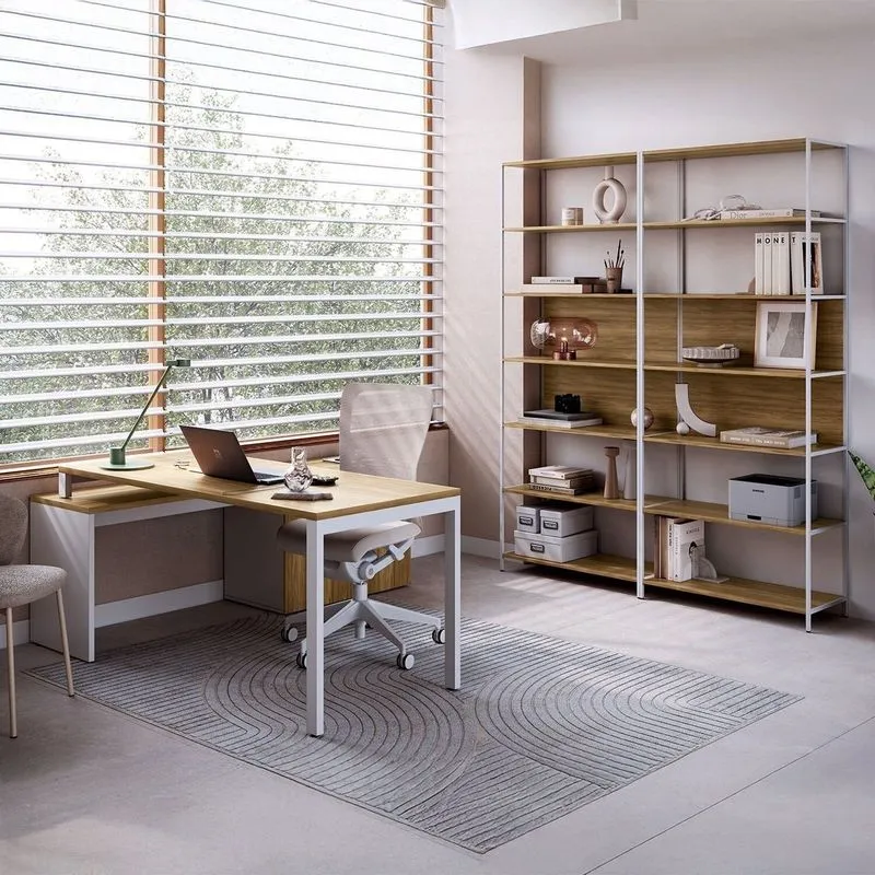 Mesa Escrivaninha Em L Com Balcão Lateral Gavetas Porta E 2 Estantes Escritório 180cm Indu Macadâmia / Branco
