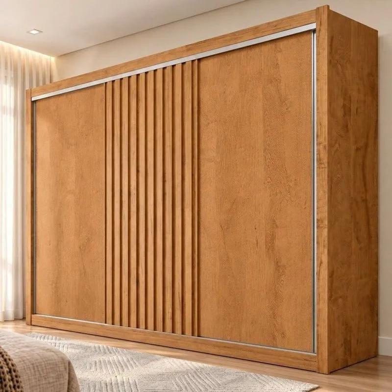 Guarda Roupa Casal 3 Portas De Correr Com 6 Gavetas E Detalhe Ripado 100% Mdf Vitória Peroba/off White