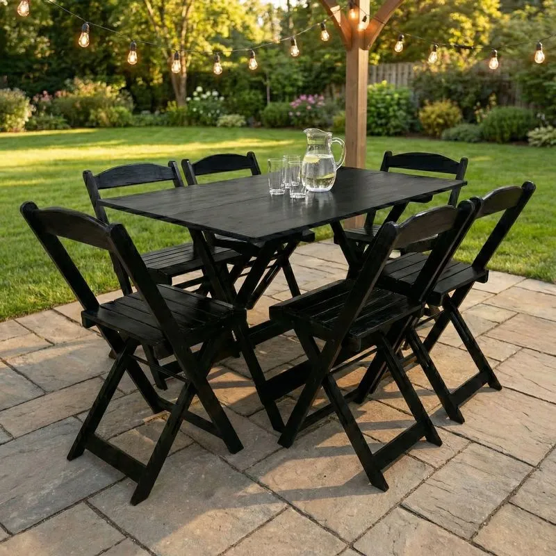 Conjunto Mesa Dobrável 120x70cm Com 6 Cadeiras Madeira Maciça Preto Preto