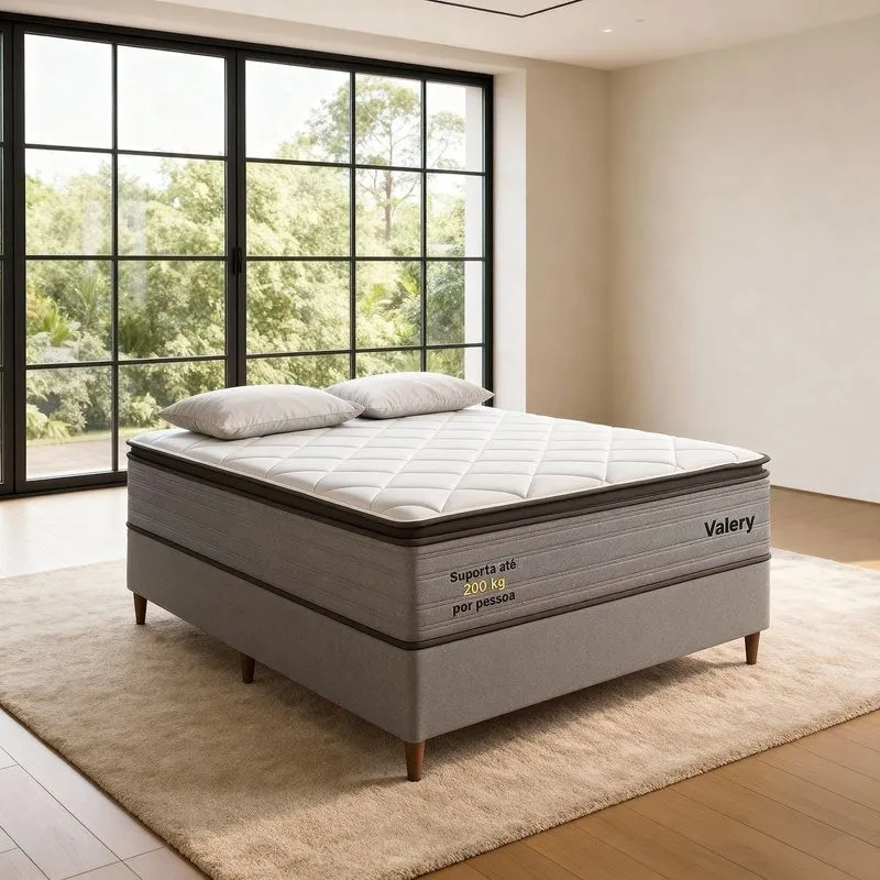 Conjunto Colchão Casal Pkt 20 Eps Com Box Spring Valery Luxo Cinza/branco