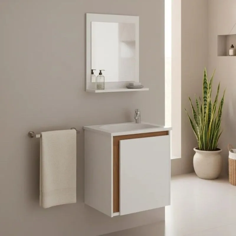 Conjunto Gabinete De Banheiro Com Cuba E Espelheira Suspenso 44cm Apollo Branco/freijó Branco/freijó