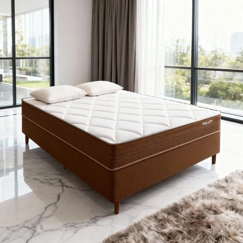 Conjunto Colchão Casal Valley Pkt 10 Eps Com Box Spring Luxo Marrom / Branco