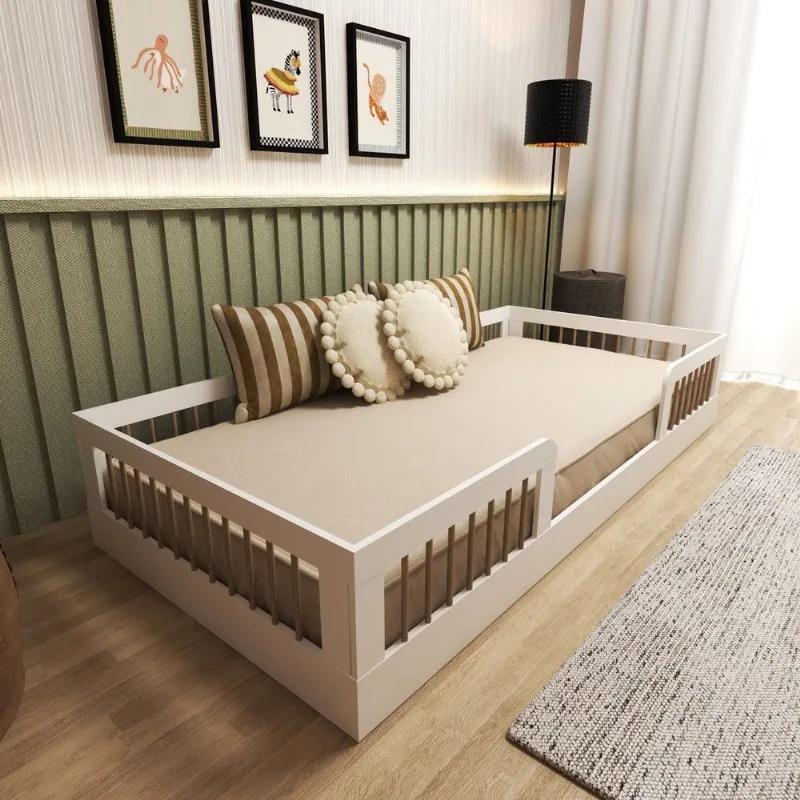 Cama Infantil Montessoriana Solteiro com Grades em Pinus Lume Branco Branco