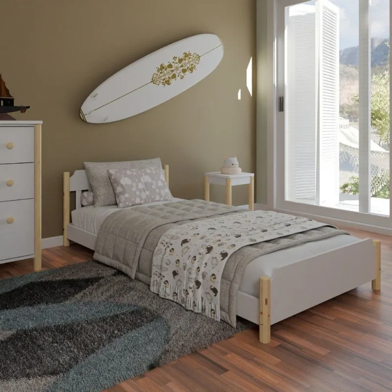 Cama Solteiro Arredus em Madeira Maciça e MDF Branco e Natural Branco/Natural