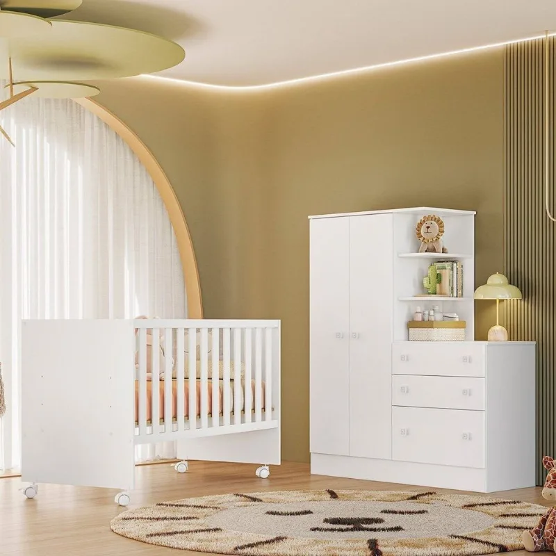 Quarto para Bebê Completo 2 Peças Guarda-Roupa com Cômoda e Berço Doce Sonho Branco Branco