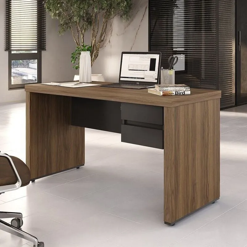Mesa Para Escritório Diretor Em Tamburato Com 2 Gavetas 140cm Elegance Nogal/preto