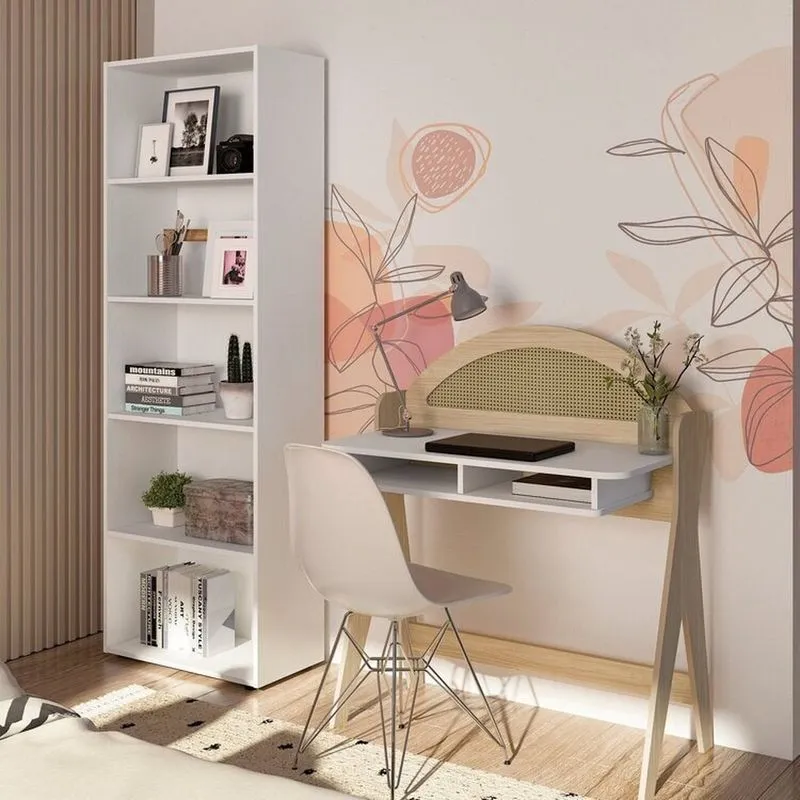 Conjunto 2 Peças Estante Multy E Escrivaninha Ceci Desing Único Encantador Naturale/branco