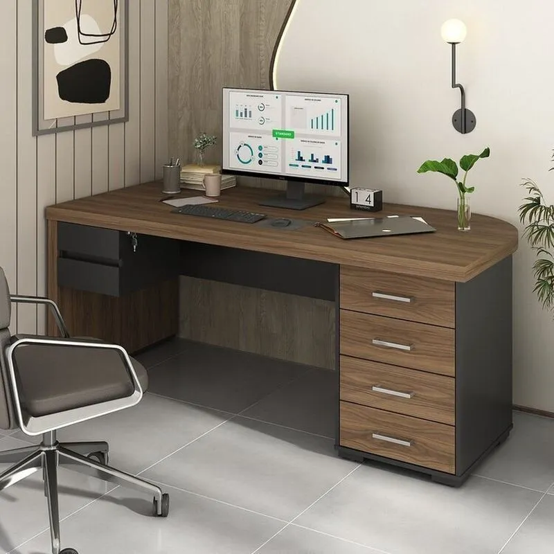 Mesa Para Escritório Em Tamburato Com 6 Gavetas Espresso Móveis Nogal/Preto