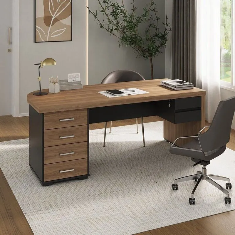 Mesa Para Escritório Em Tamburato Com 6 Gavetas Design Curvo Nogal/Preto