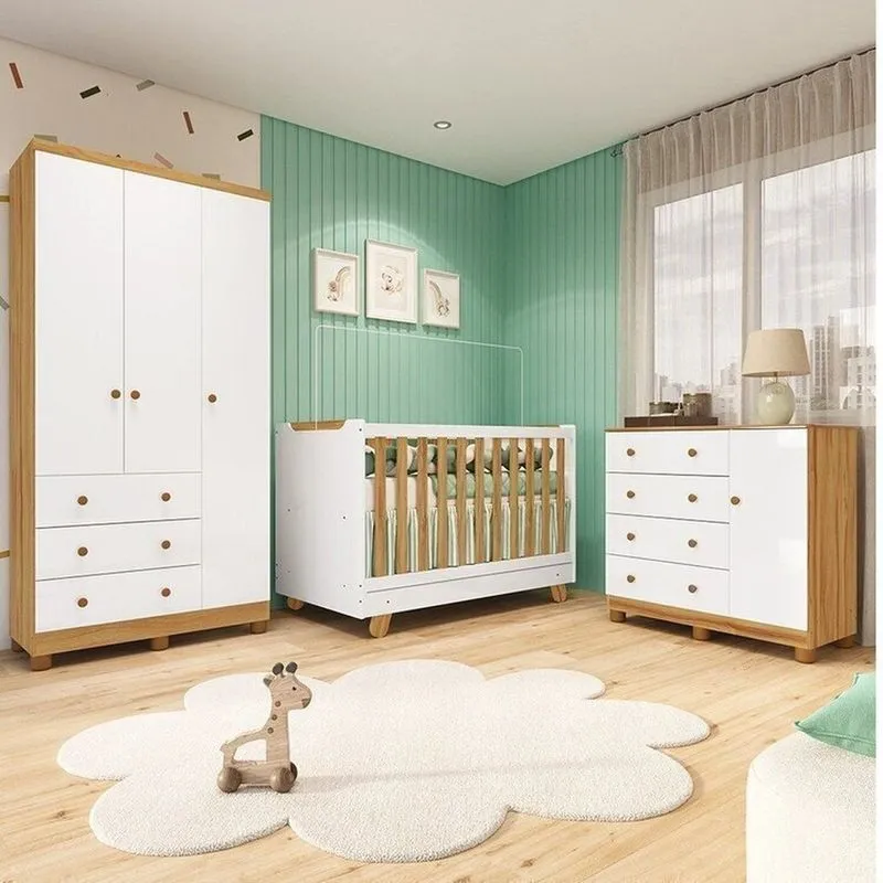 Quarto De Bebê Com Guarda-roupa 3 Portas Cômoda E Berço 4em1 Minicama 100% Mdf Mike Espresso Móveis Branco Brilho/amêndoa
