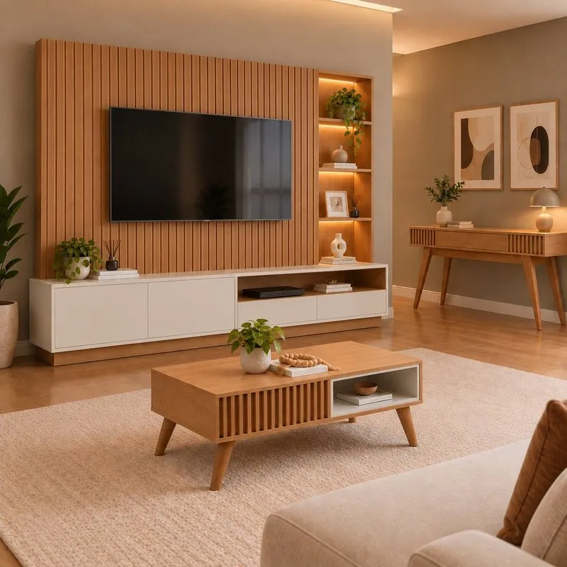 Home Theater Cancun Com Led 2 Gavetas E Mesa De Centro Jeri E Aparador Riviera Freijó / Off White Matte