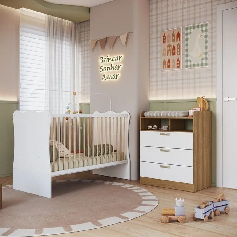 Quarto Infantil Com Cômoda 3 Gavetas E Berço Branco/mel